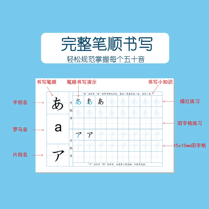 Standard Japanese Copybook Handwritten Fifty-sound Map Cute 50-Sound Copy Flat Kkana Practice Copybook Beginner Introduction