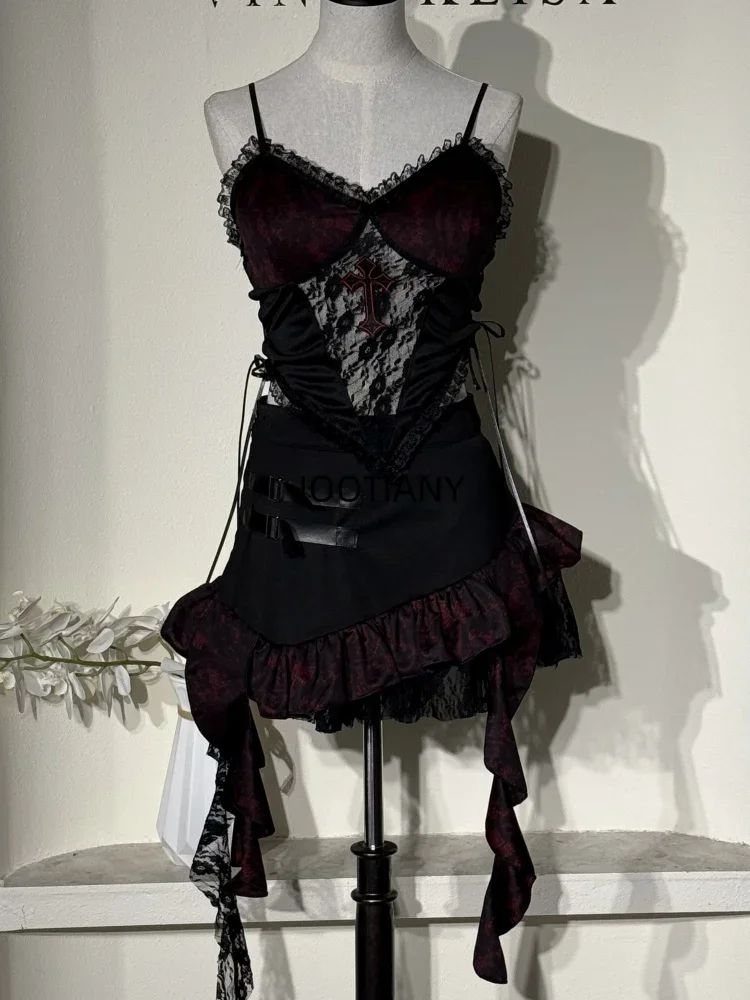 CosplayHalloween موضة مثير فتاة سوداء الصليب الحمالة الأعلى غير النظامية تنورة هيم أداء الرقص فستان بتصميم حالم شقيقة زي N