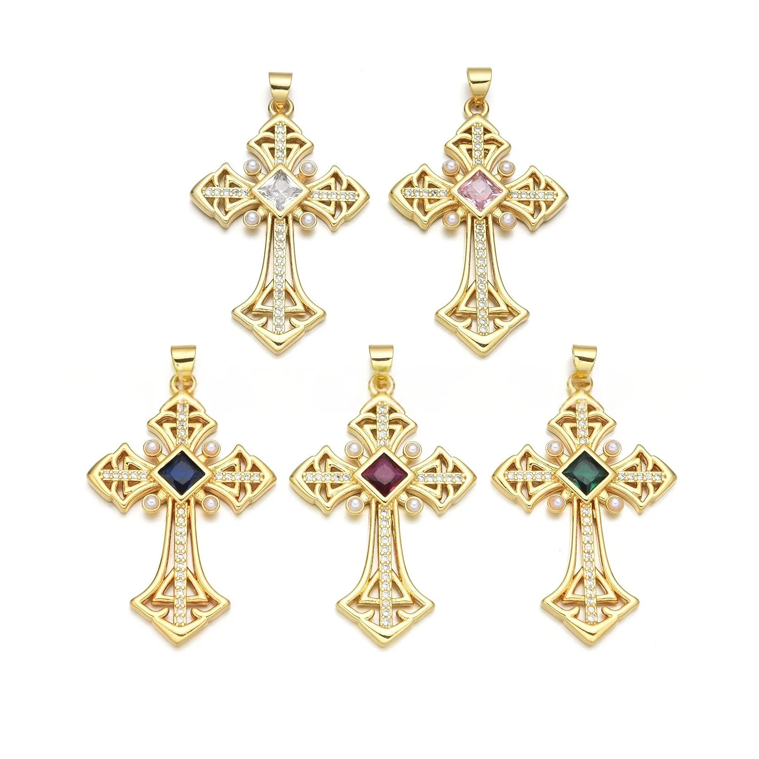 5 European and American Style Pearl Inlaid Zircon Cross Pendant Accessorie DIY Pearl Necklace Jewelry Making Materials Wholesale