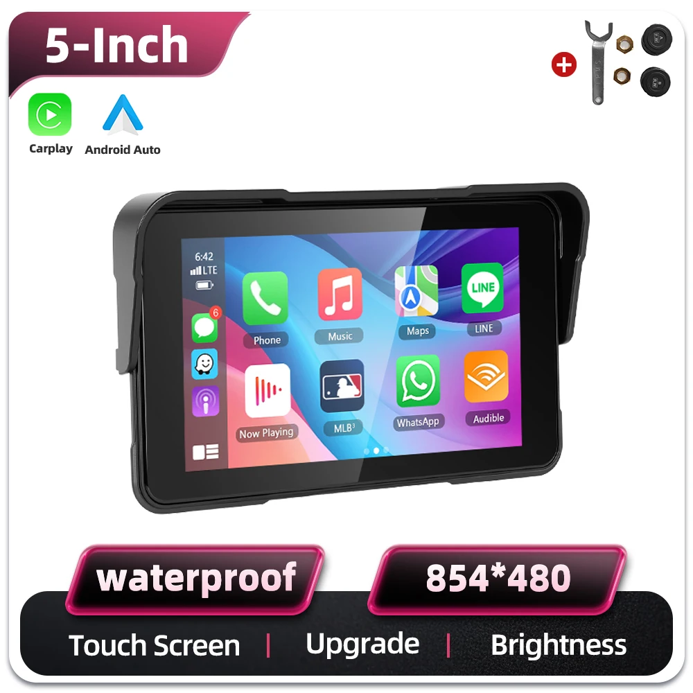 Podofo 5 inch HD-scherm Draagbare slimme speler voor motorfietsen Draadloos Android Auto Carplay IP68 Waterdicht Helderheidsaanpassing Ondersteuning Bandenspanningsdetectie Type-C IP68 Waterdicht Hoge