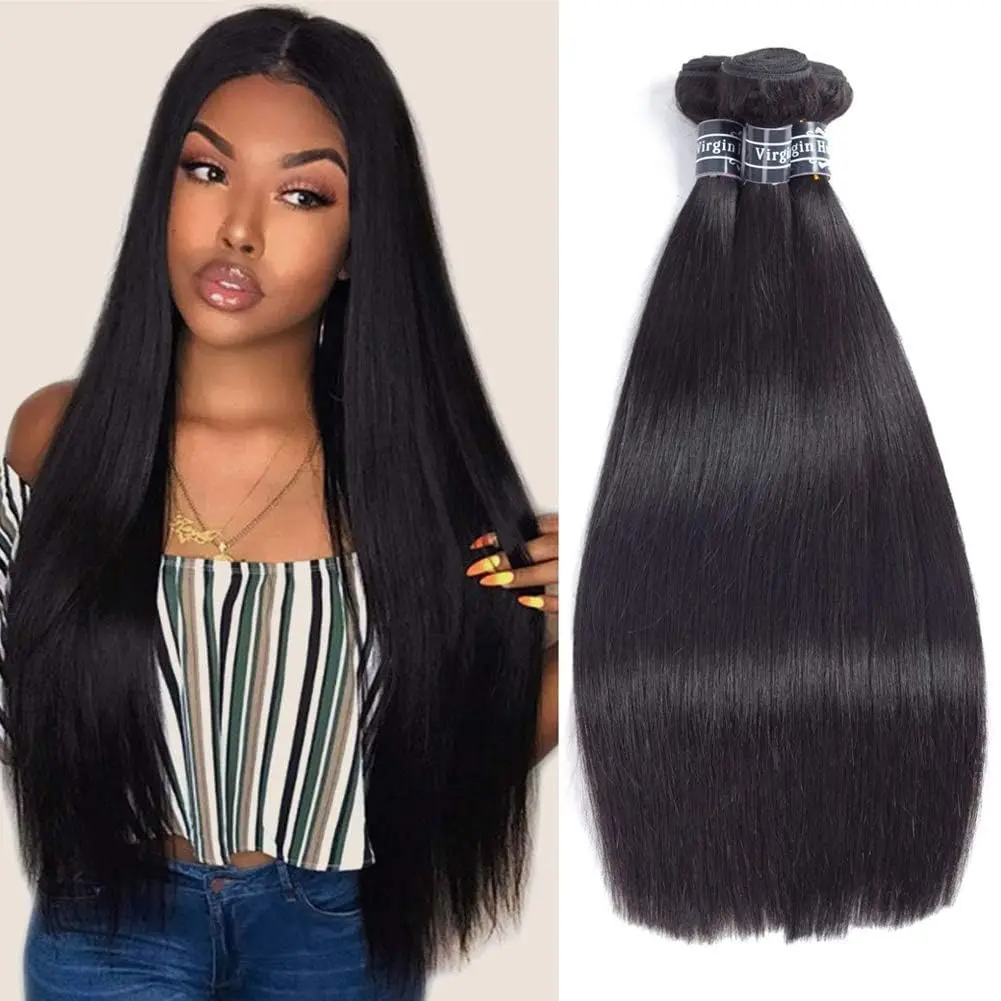 Extensiones de cabello humano sin procesar para mujeres negras, mechones rectos, cabello virgen brasileño, Color Natural