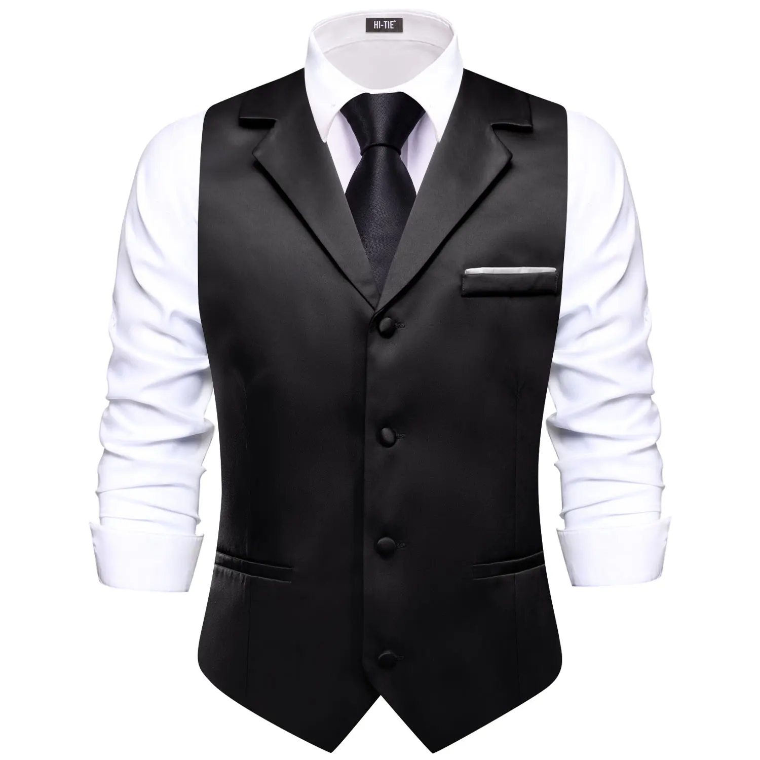 Hi-Tie Black Solid V-neck Men Vest With Tie Jacquard Tuxedo Dress Waistcoat Adjustable Jacket Casual Business Party Fashion