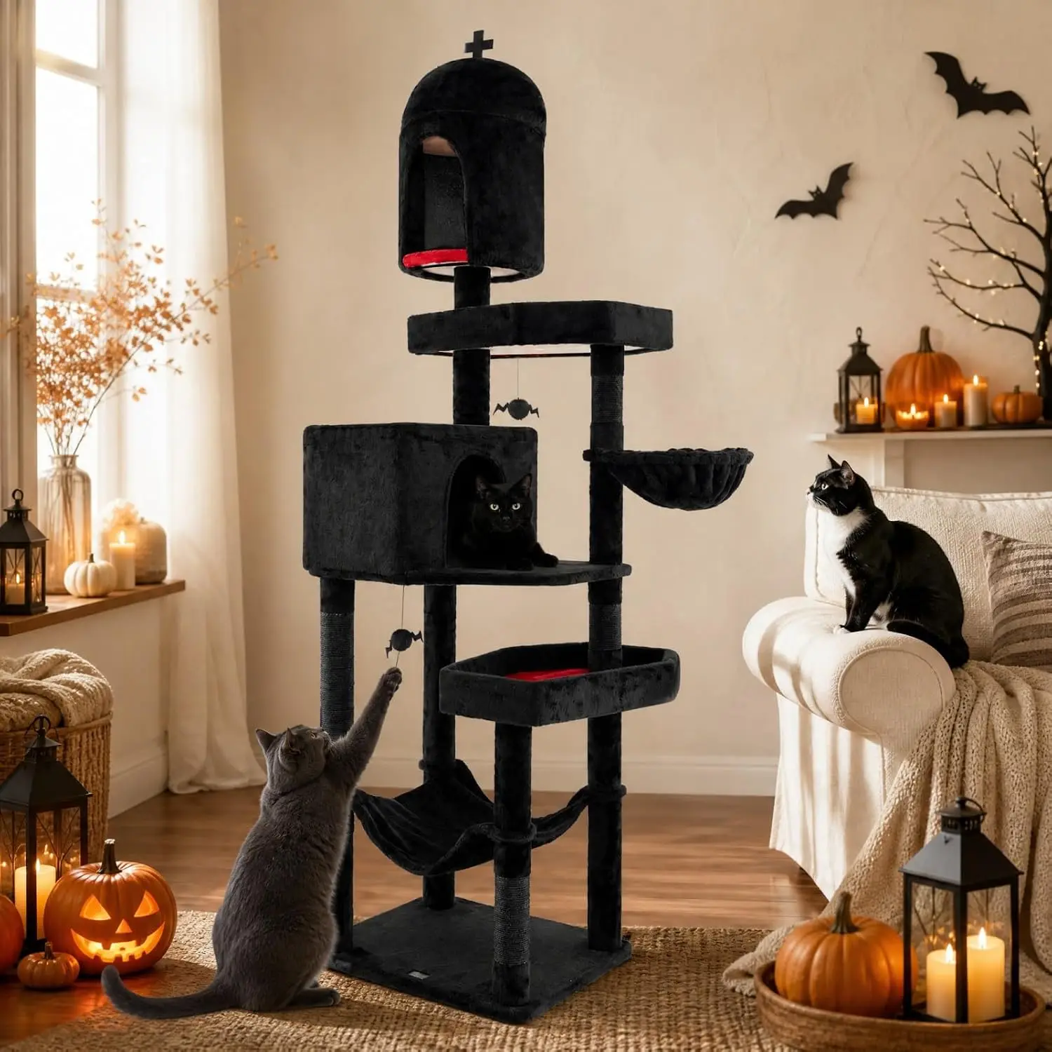 83 Inch Tall Gothic Cat Tree, Multi-Level Halloween Cat Tower with Coffin Beds, Scratching Posts, 2 Cat Condos, Dangling Balls