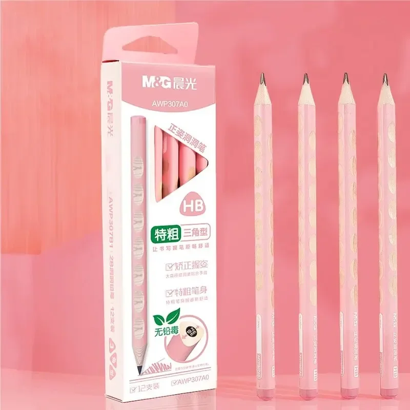 (M&G) Hole Pencil Elementary School Student Safety Pencil [2B] Extra Thick Pink -12pcs