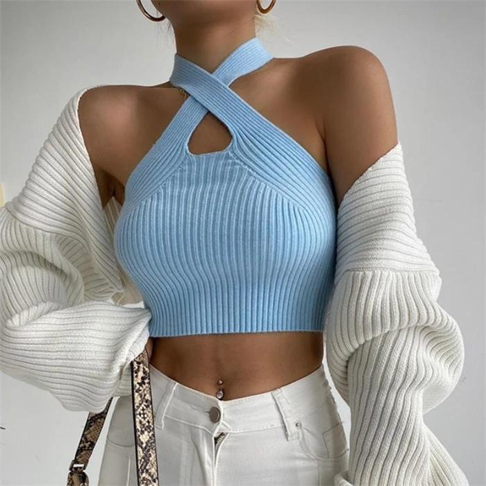 

Women's Knitted ort Tank Top Street Sle Color Hollow out Design Slim Fit Pullover Summer Faion Casual Top