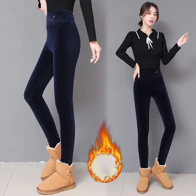 Velvet Thicken Warm Legging Winter Women Slim Fleece Lined Pencil Pants High Waist Ankle-length Casual Lambwool Fluff Legginsy