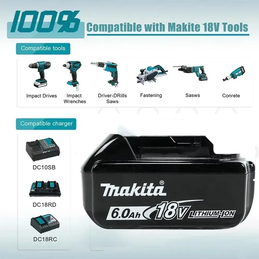 ماكيتا بطارية ليثيوم أيون أصلية قابلة لإعادة الشحن 6AH/5AH/3AH18Vbl1860BL1830BL1850BL1860b بطارية بديلة للأدوات الكهربائية