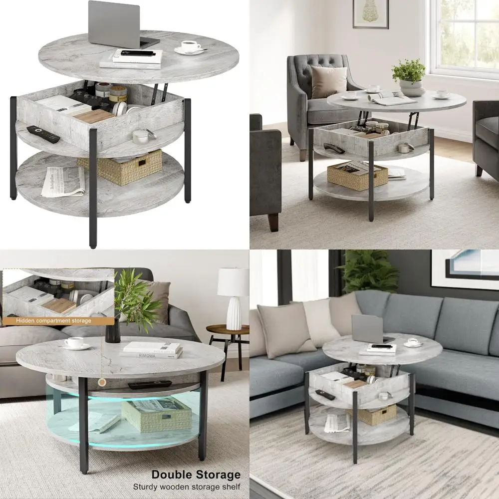 

Round Lift Top Coffee Table with Storage, 35.43 Diameter, 2-Tier Farmhouse Style for Living and Reception Rooms