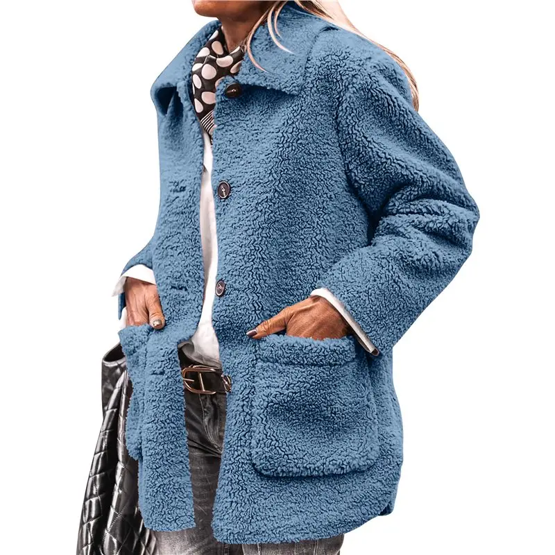 

AUAU-Женская зимняя куртка из искусственного меха с длинными рукавами, на пуговицах, с карманами, флисовая куртка, повседневная модная верхняя одежда