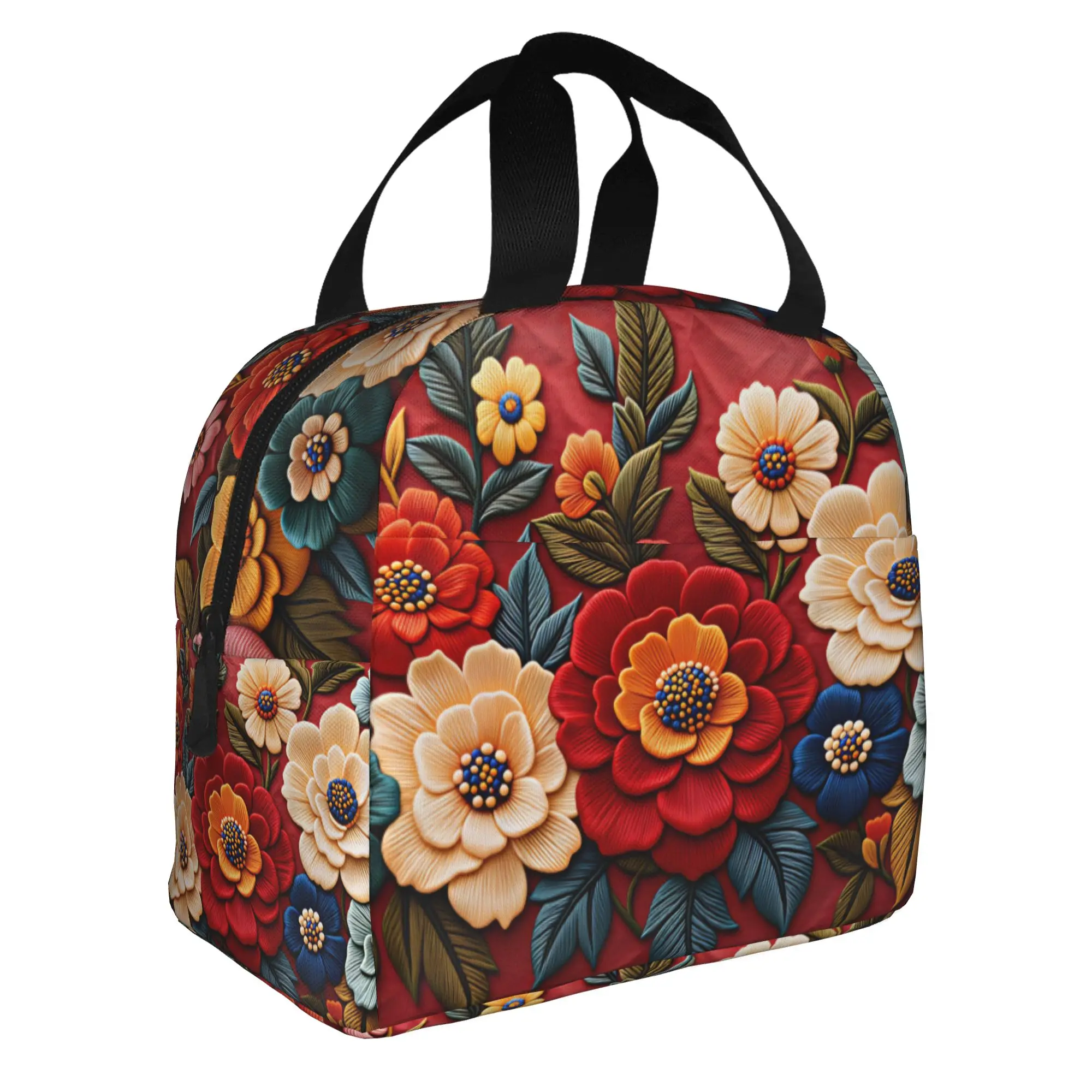 Luxury High Blooming Various 3D Peonies Floral Insulated Lunch Bag for Work School Floral Portable Thermal Cooler Bento Box