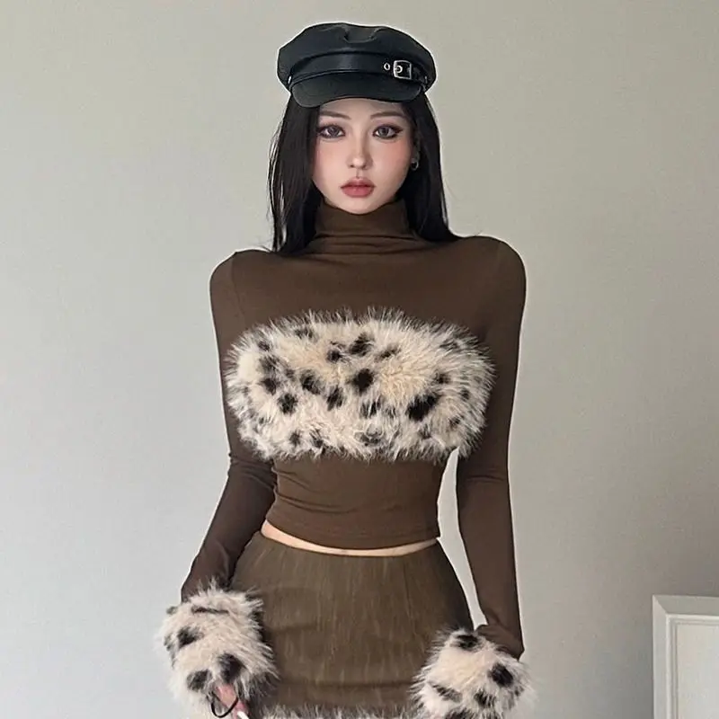 Leopard Print Splicing Pullover T-Shirt American Retro Autumn New High Collar Female Niche Slim Long-Sleeved Top