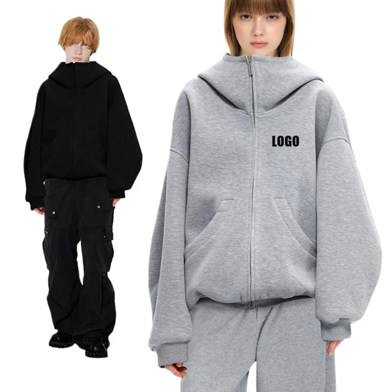 Personalized LOGO custom women's 550G heavy air-feeling cotton loose hooded sweater zipper jacket autumn and winter couples