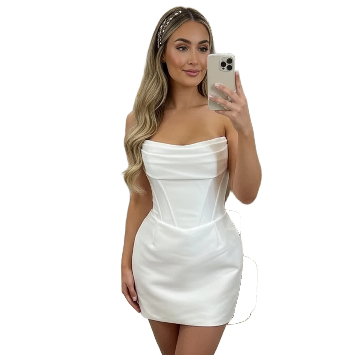 Romantyczne sukienki ślubne bez ramiączek w stylu syreny, krótkie suknie dla panny młodej, mini satynowe sukienki typu sheath na przyjęcie weselne.