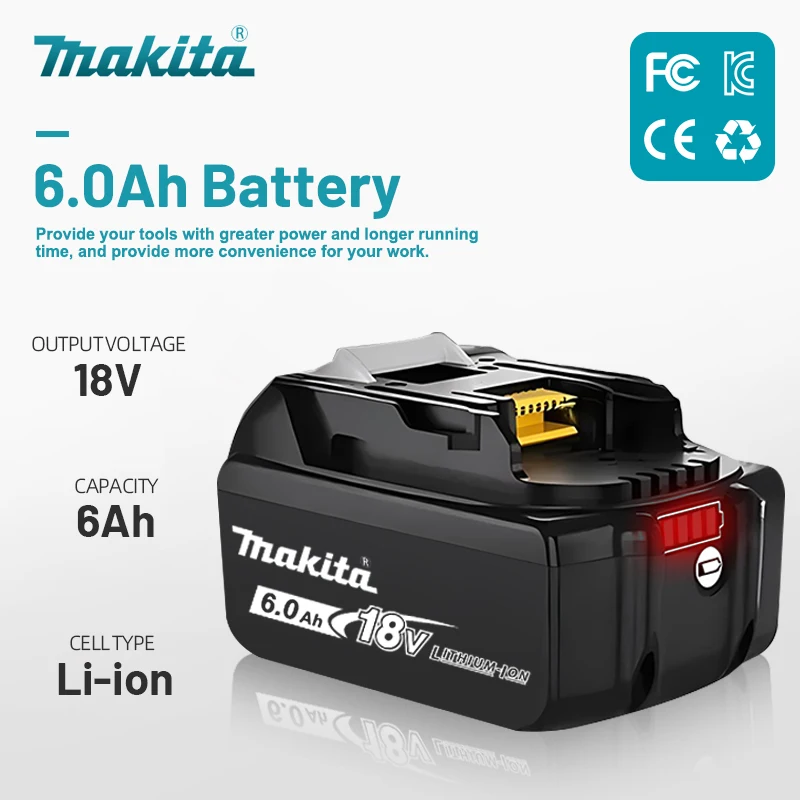 100% original Makita 18V battery, 6.0Ah, rechargeable battery, suitable for Makita BL1840, BL1830B, BL1850B, BL1850 tool battery