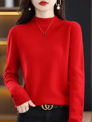 Aliselect-suéter de lana merina de 100% para mujer, jersey de Cachemira con cuello simulado, prendas de punto de manga larga, ropa básica de otoño, Tops