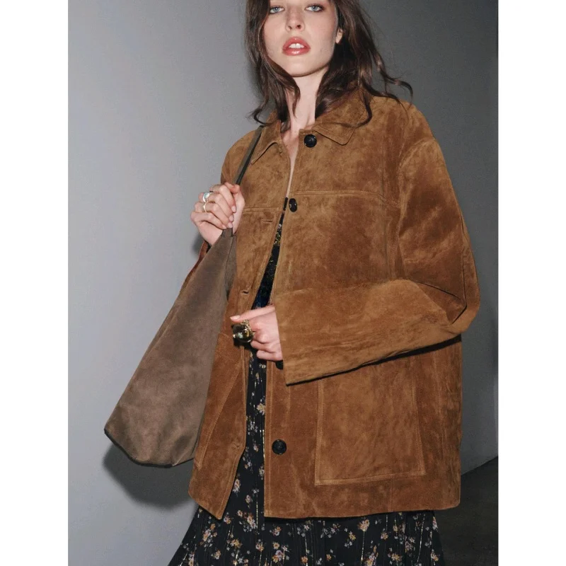 เสื้อแจ็คเก็ตผู้หญิงสไตล์ลำลองสำหรับฤดูใบไม้ร่วง แขนยาว ปกพับ ผ้าหนังกลับเทียม ติดกระดุมเม็ดเดียว มีหลายแบบ