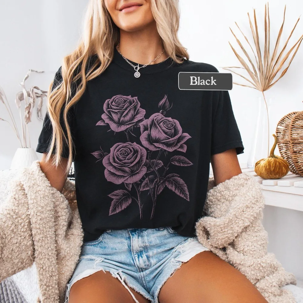 Rose T-shirt, Graphic Tee with Roses, Women's Tshirt Roses, Boho Flower Tshirt, Floral Tshirt, Botanical Tee