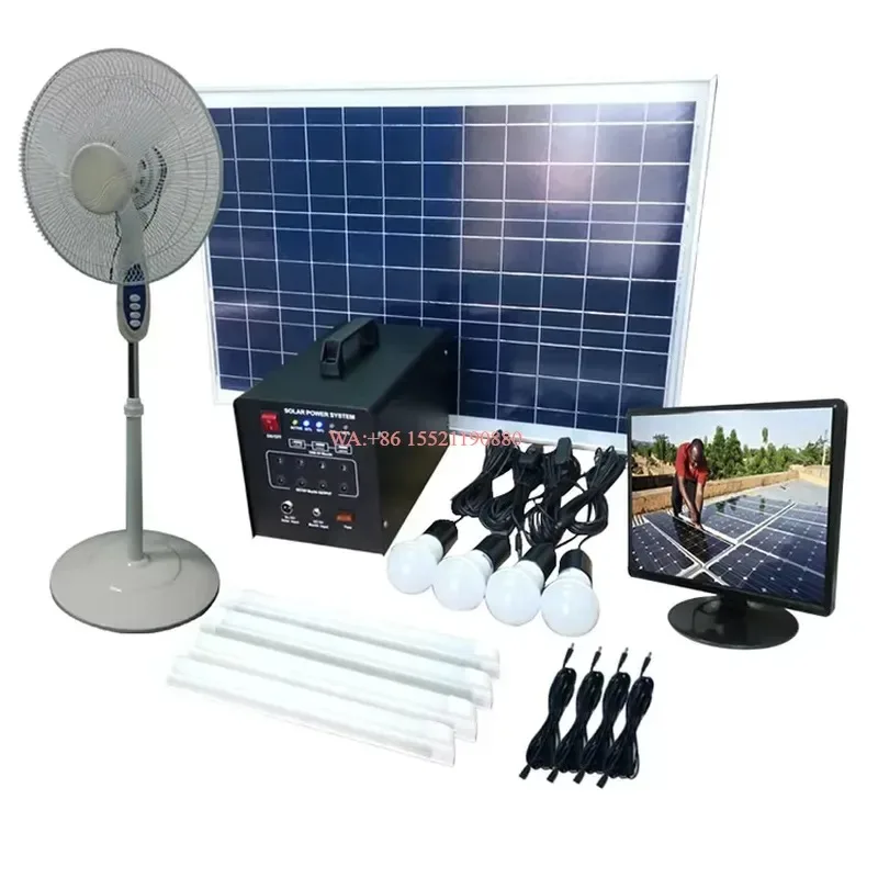 WMWMNU 80W Off Grid Home Power Solar Energy System for TV Fan and Lithium Battery Solar Lighting Kit
