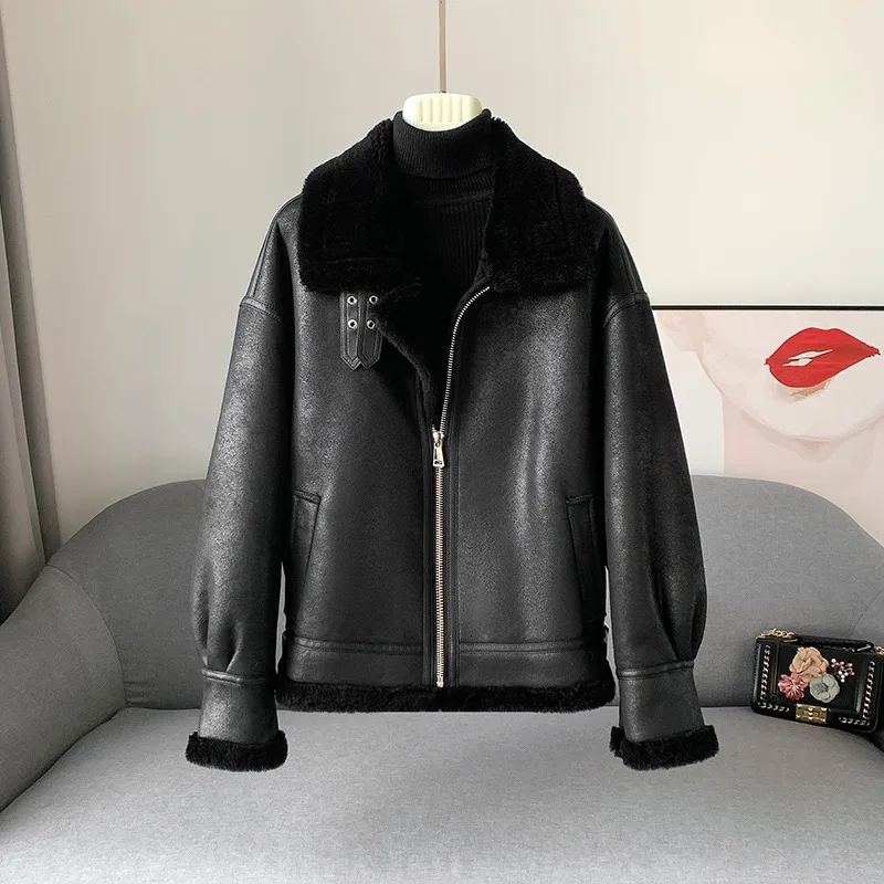 

PUDI Women Lamb Hair Motorcycle Suit 2024 New Winter Short Sheep Shearling Coat Female Stand-up Collar Jacket CT402