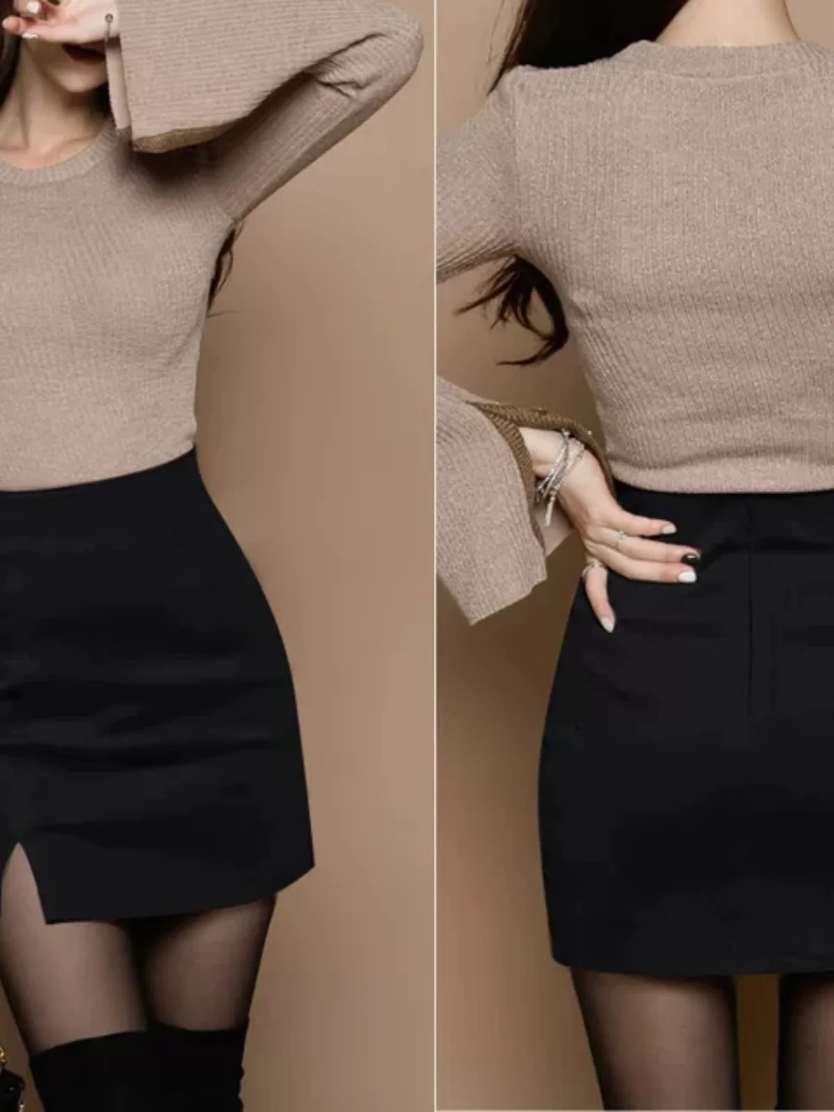 

Черная шерстяная юбка с высокой талией и разрезом, женская осенне-зимняя модная укороченная юбка-карандаш, сексуальная, облегающая