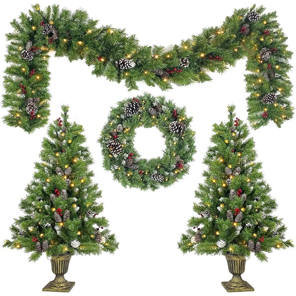 

Christmas wreath tree decoration, Christmas wreath door and 2 entrance Christmas tree door decorations, 4 pieces of green