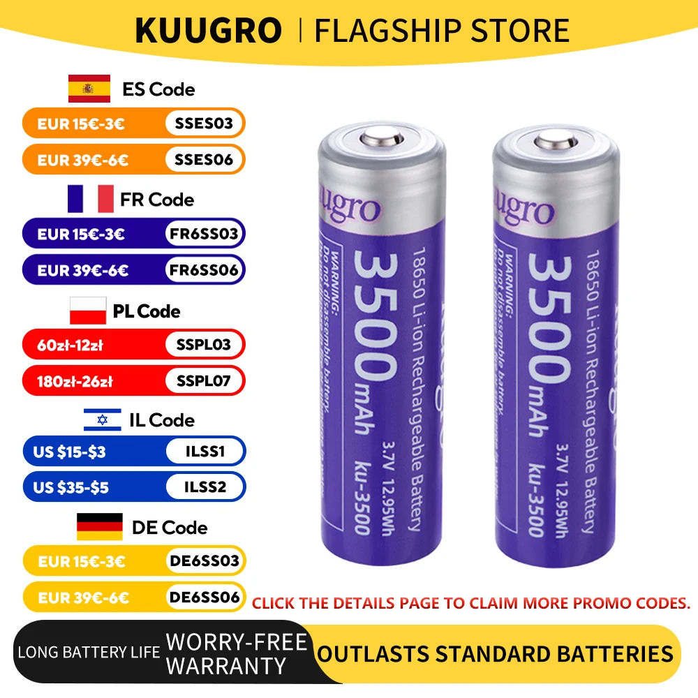 

Kuugro Pointed 18650 3500mAh Lithium Battery 3.7V 12A High-rate discharge For Strong light flashlights Headlights