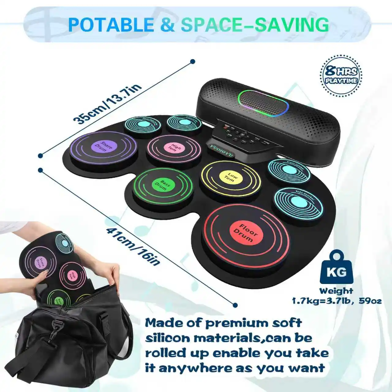 Electronic drum set, portable practice drums, 9-piece drum pad roll-up kit, with drumsticks and sustainable pedal, perfect for b