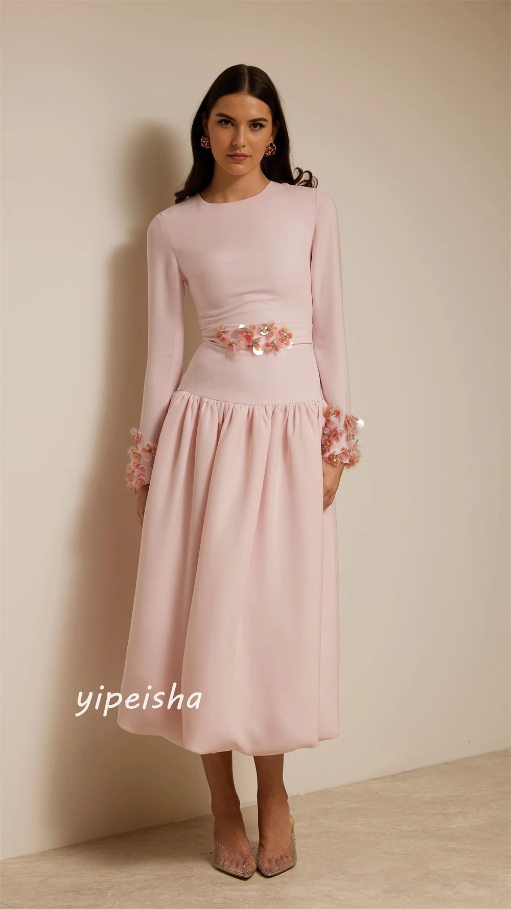 Prom Dress Jersey Flower Ruched Christmas A-line High Collar Bespoke Occasion Gown Midi Dresses Evening Saudi Arabia