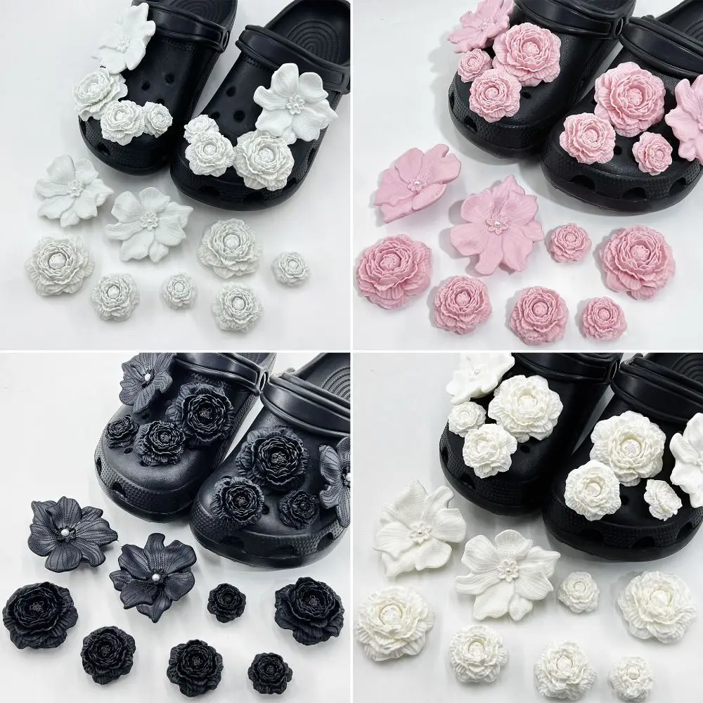 8Pcs Trendy 3D Flower Beach Shoe Charms Clip Buckle DIY Shoe Decorations Detachable Perforated Shoes Accessories Beach Shoes