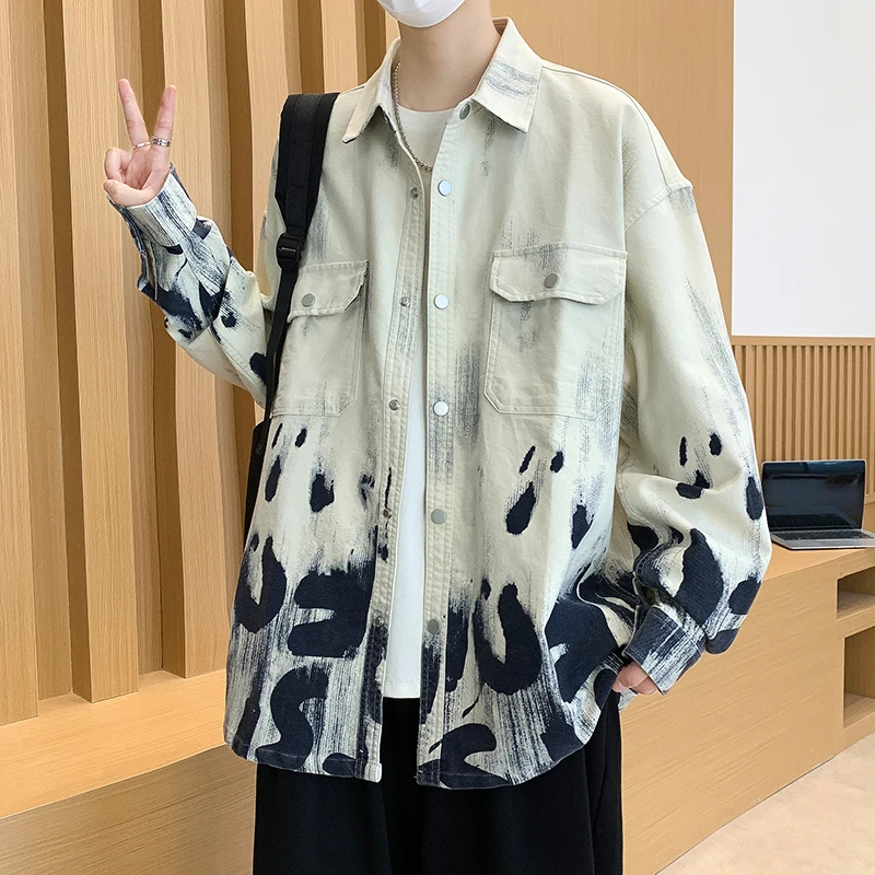 

Американская повседневная свободная мужская рубашка с длинным рукавом в стиле ретро, гонконгский стиль, высококачественная печать, индивидуальный дизайн, верхняя одежда