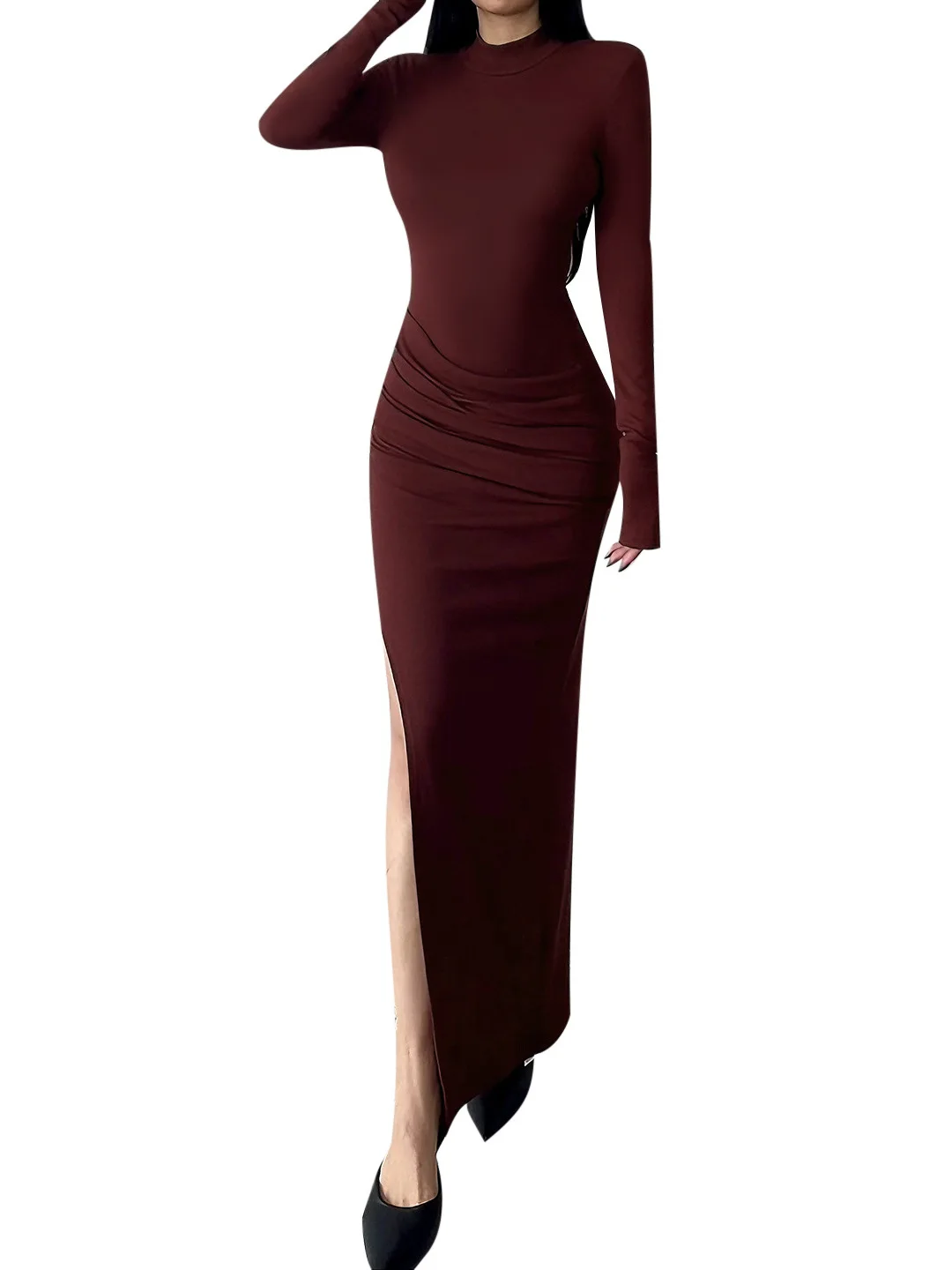 Harajuku Borgogna Abito da sera per le donne Alta fessura Multi-strato increspato Aderente Gonna a sirena Eventi Festa di ballo Abiti Robe