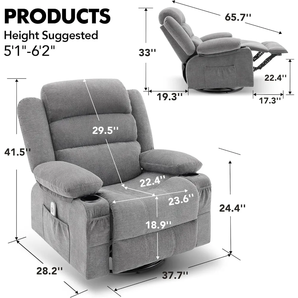 Rocker fauteuil met warmte en massage, 360° °   Draaibare fauteuils voor volwassenen, extra grote fauteuil enkele zitbank