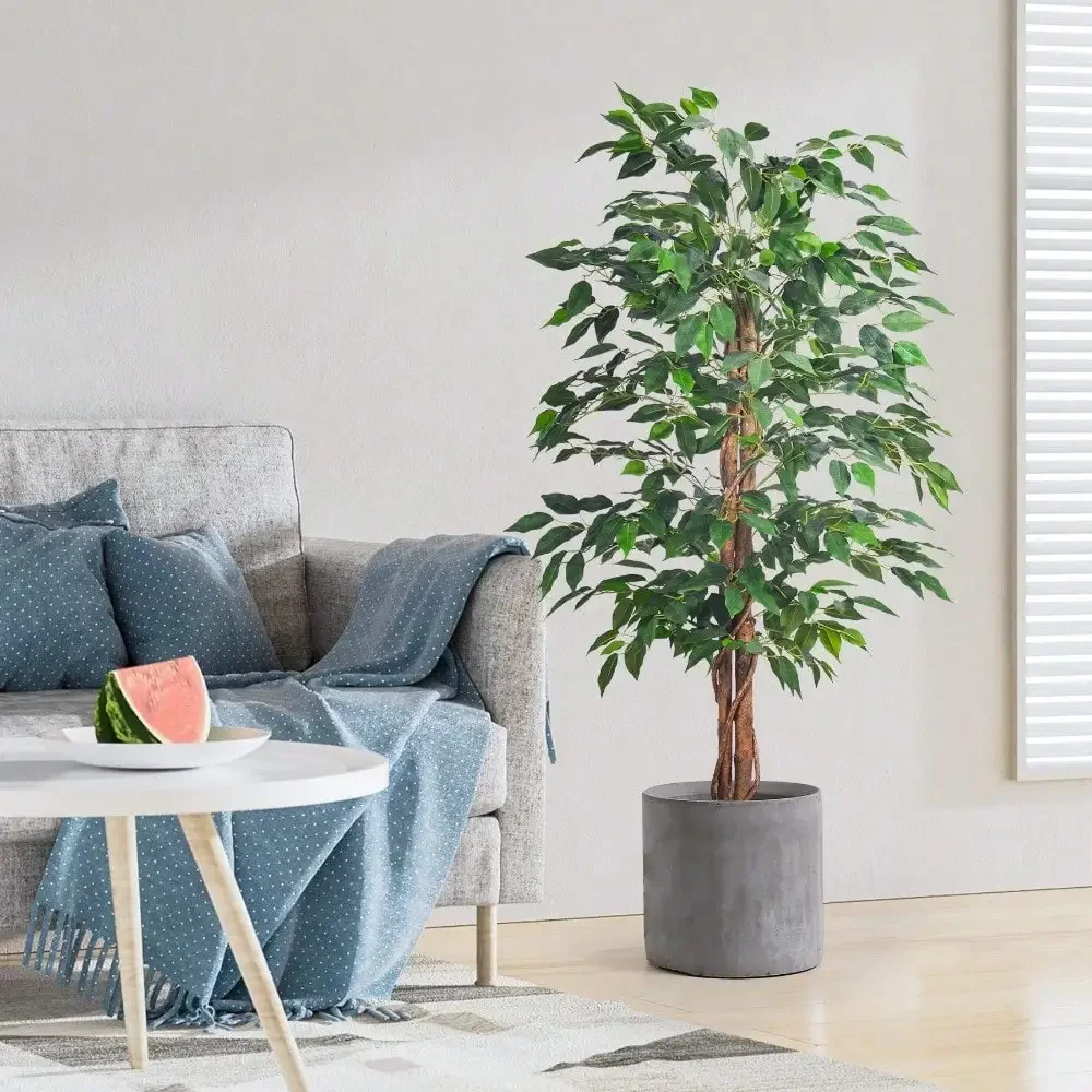 Künstlicher Ficus-Baum, gefälschte Feige mit lebensechten Blättern, natürlicher Holzkoffer, perfekt für die Dekoration im Innen- und Außenbereich