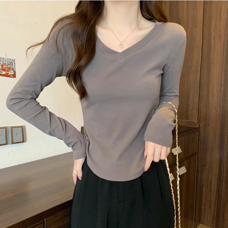 Skinny V Neck Long Sleeve Shirt Women Warm Fleece Sexy Cropped Tops Autumn Winter Korean Casual Slim Basic Cotton T Shirt Woman