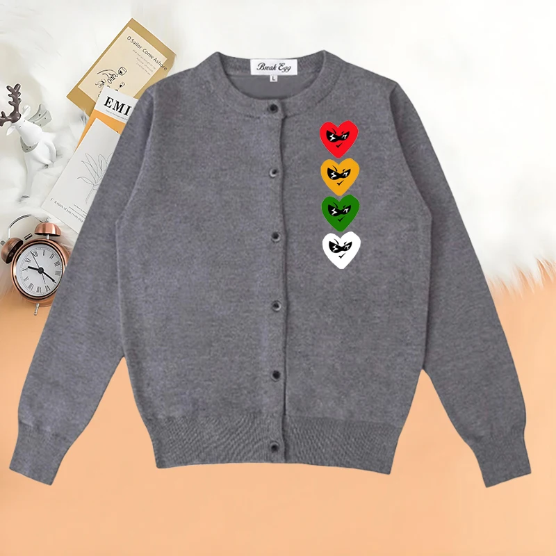 

Vertical Layout Glasses Four Heart Boys Printing Women Cardigan Cotton O-Neck Fit Single Breasted Autumn Elastic Home Sweater