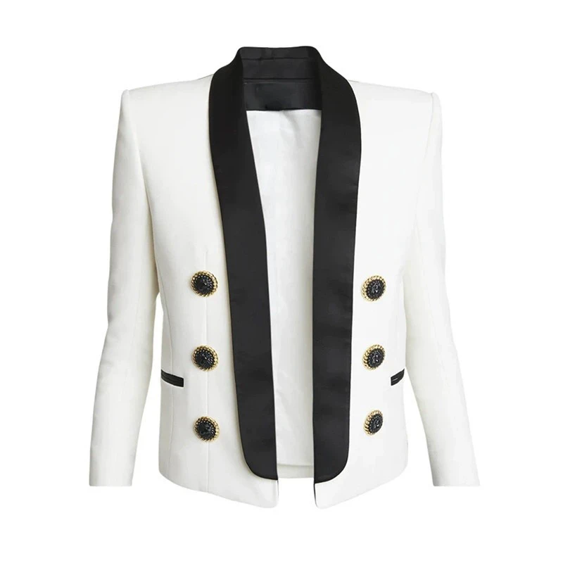 New Double Row Color Collision Metal Buckle Vinyl Linen Small Fragrance Style Jacket 3D Slimming Suit Top Commute Style Long ...