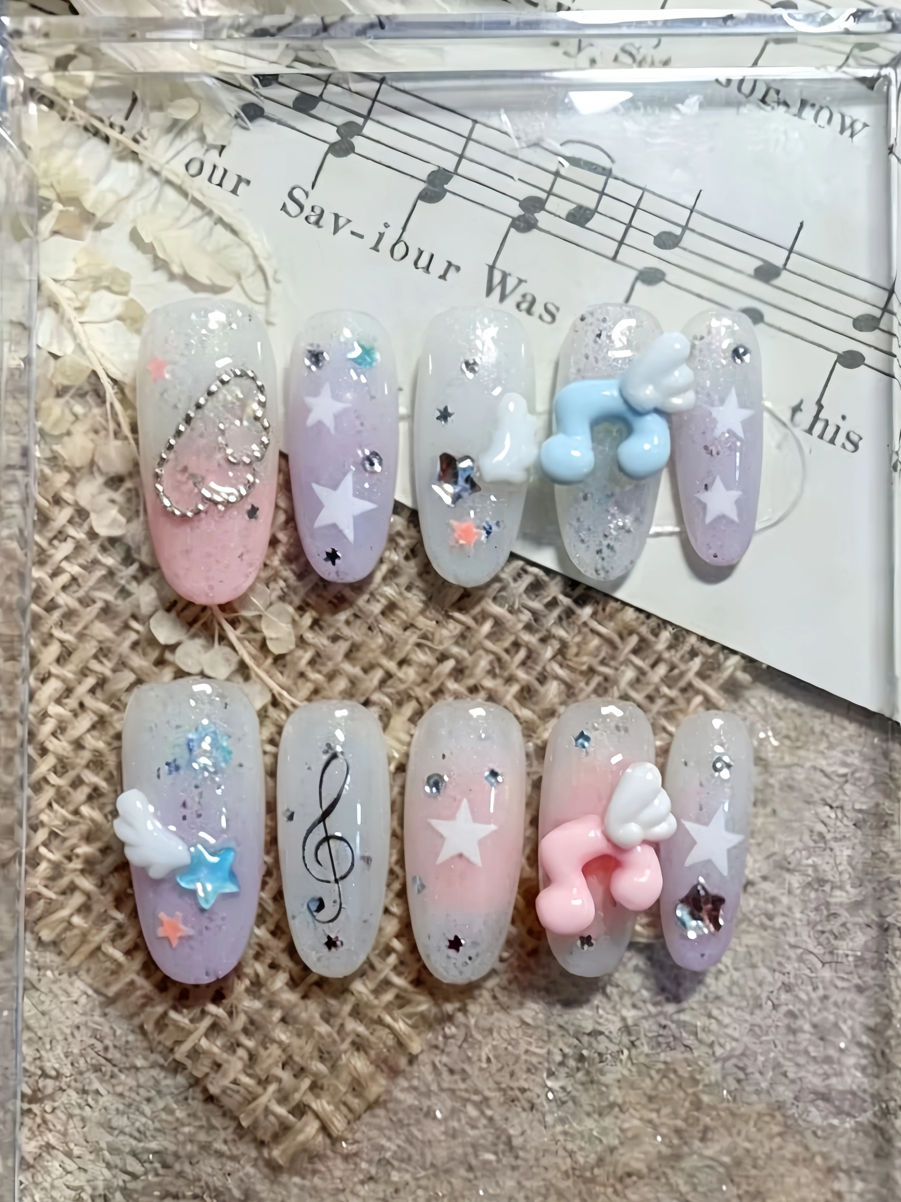 10 Pieces of Medium-Length Oval-Shaped Nail Art, Pink and Purple Gradient Musical Note Wings Press-On Nails, Y2K Millennium Star Fantasy Music Girl Sweet Girl Daily Play Nail Art Nails