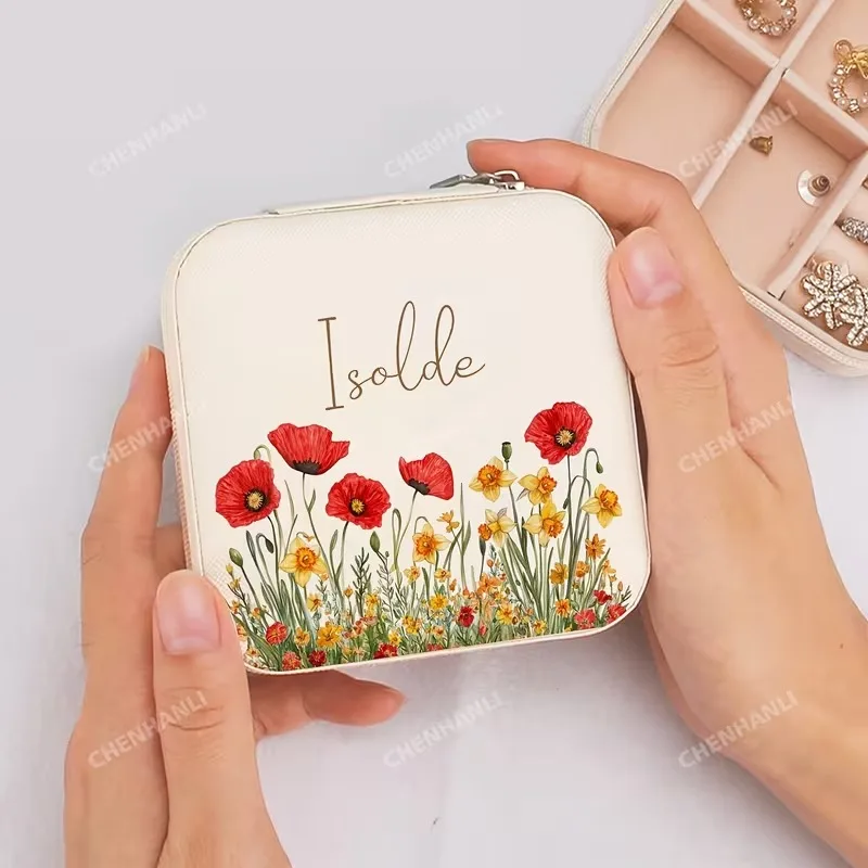 Custom flower field Beige jewelry box, custom name, bridesmaid gift, graduation birthday gift for sisters friends,best gift - view 4