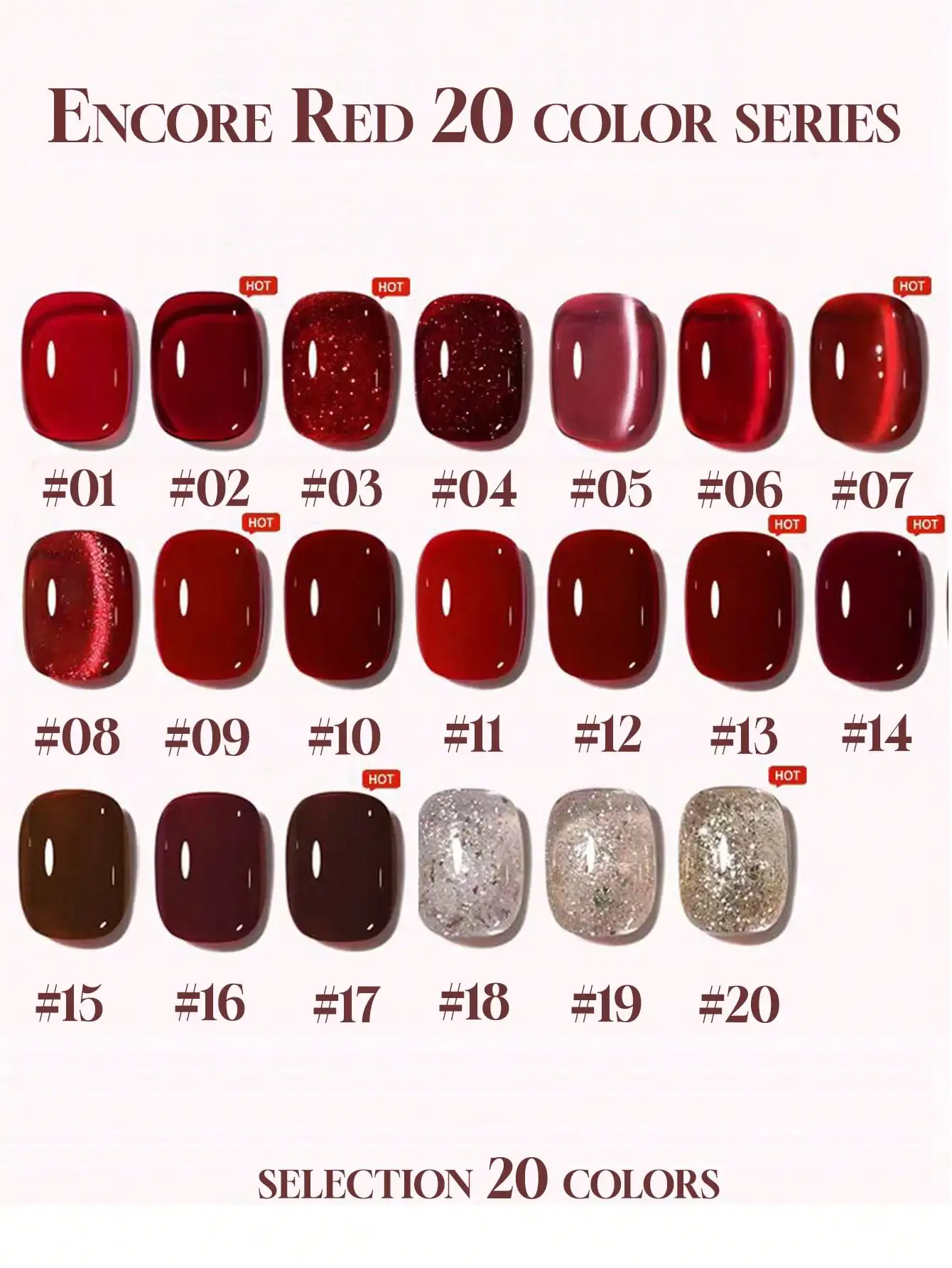 1pcs 15ML Anchor Red 20-color Set: Chelsea/bull blood/wine reds, autumn/winter premium gemstone cat eye polishes.