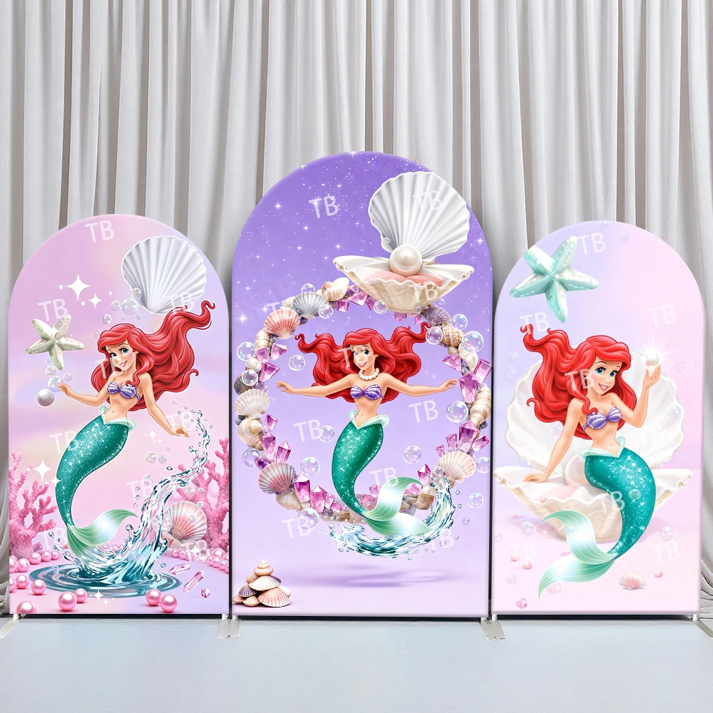 

Disney Little Mermaid Arch Backdrop Cover Birthday Baby Shower Shell Starfish Pearl Bubble Theme Kids Party Photo Booth Decor