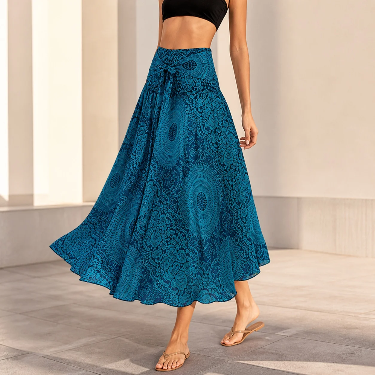 Women's Boho Flared Midi Long Skirt for Women – Halter Neck Sleeveless Printed Elastic Waist Casual No Collar Flowy Skirt