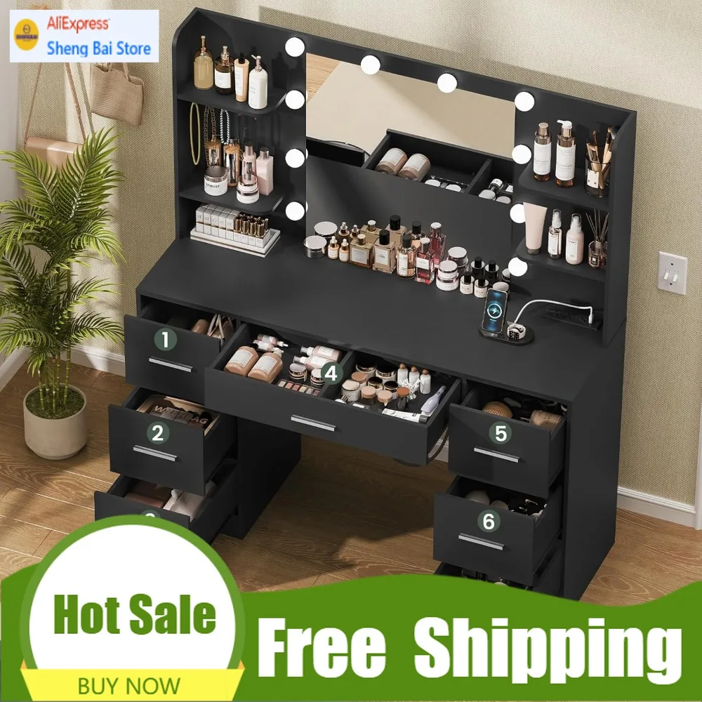 Value Set Large Vanity Desk with LED Lighted Mirror & Power Outlet,makeup