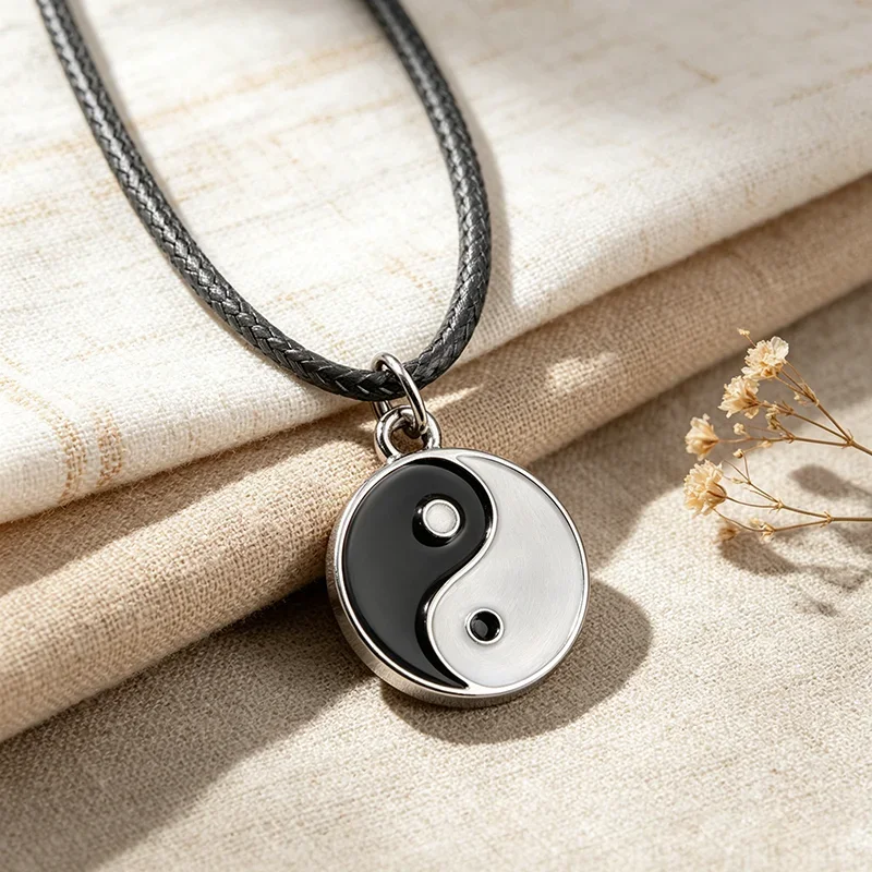 Tai Chi Yin Yang Necklaces Vintage Black White Enamel Trigrams Pendant for Women Men Adjustable Wax Cord Halloween Gift
