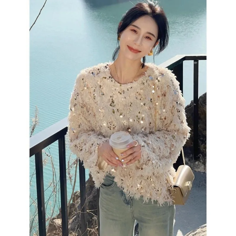 Women Autumn Winter Korean Temperament Loose Glitter Tassel O-neck Long Sleeve Knitwear Ladies Casual All-match Knitting sweater