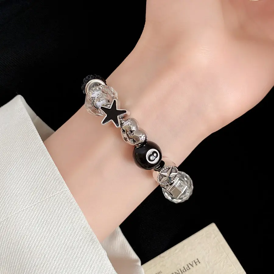 New Black 8 Ball Star Charm Bracelet Crystal Beaded Lucky Cross Love Heart Bracelets for Men Women Hand Jewelry Casual Accessory
