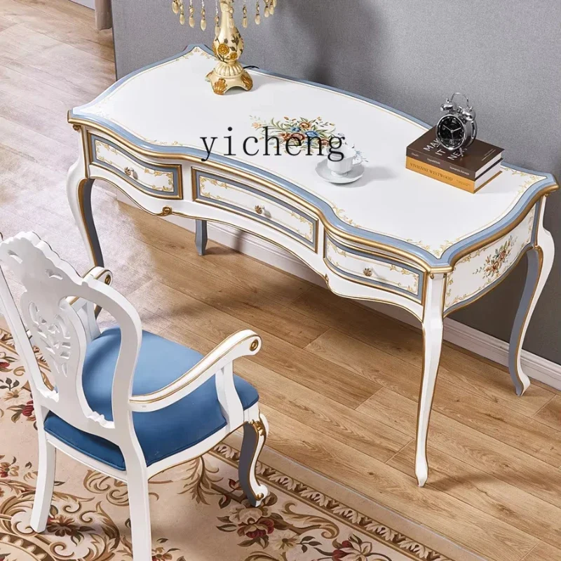 

ZC American white desk rural pastoral retro solid wood European study living room bedroom light luxury French