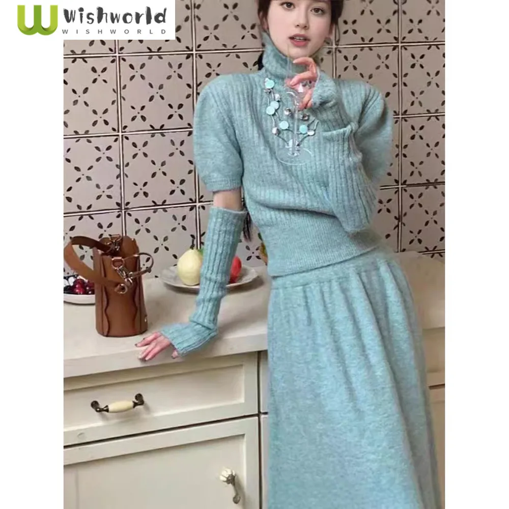 

French Retro Style Knitted Suit Women's Autumn and Winter New Style High Collar Sleeve Sweater Half Skirt Three Piece Set