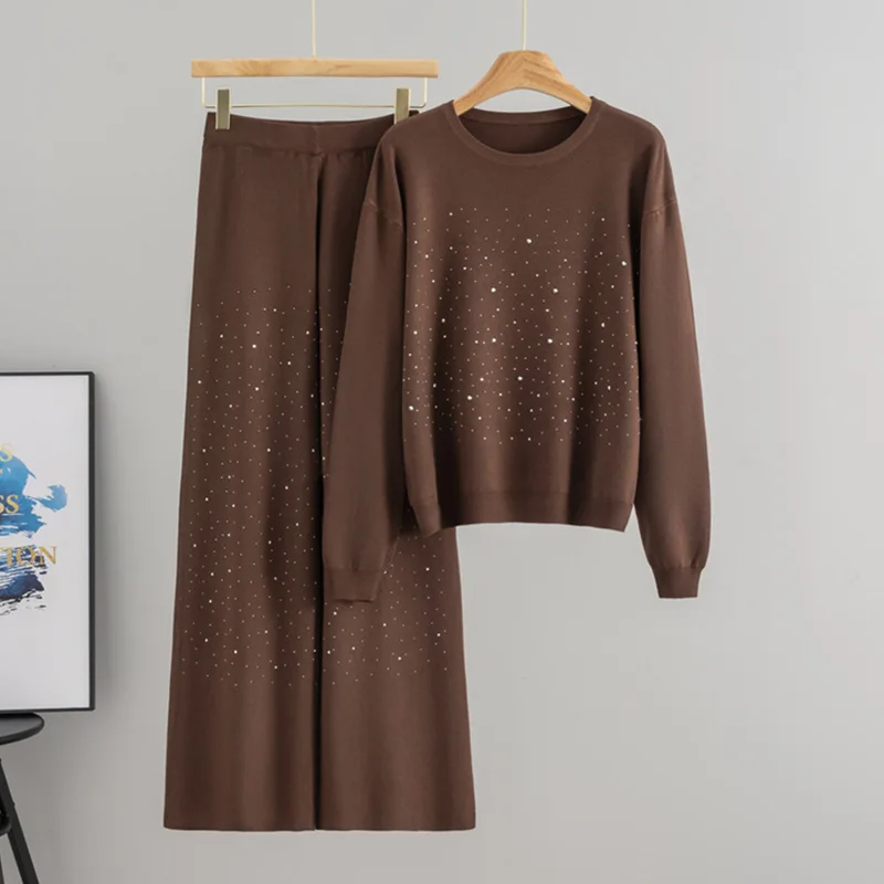 Women Suits Knitwear Two Piece Sets Pullover Beading Sweater Knitted Wide Leg Pants Outfits 2026 Spring Autumn Solid Knit Suit