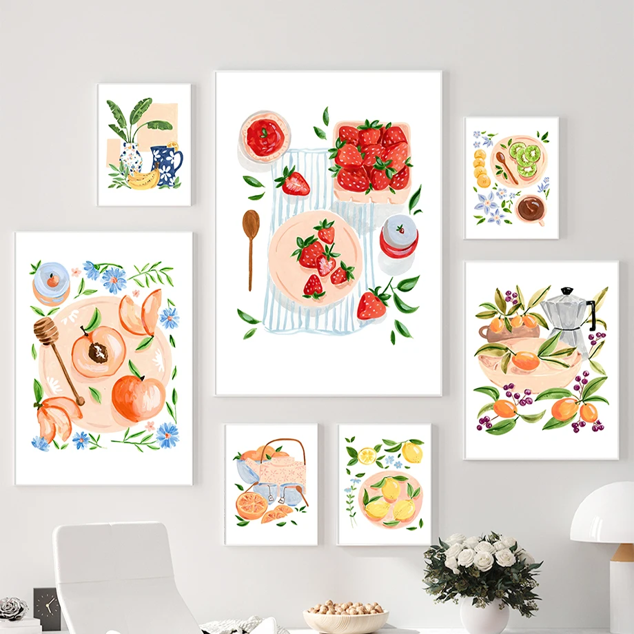 Watercolor Lemon Peaches Kiwi Banana Orange Strawberry Coffee Wall Art Canvas Painting Nordic Posters Prints Bar Kitchen Decor