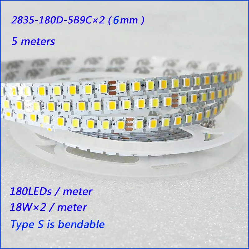 

(3 solder joints) 2835-180D-5B9CX2 6mm LED strip constant current LED ribbon 5meters 18Wx2/Meter 3colors light belt bendable